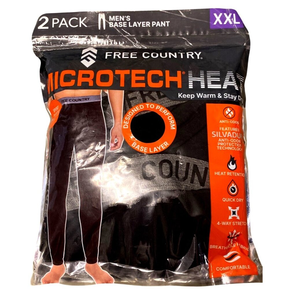 Free Country Mens Microtech Heat Base Layer Pants XXL 2-Pack Black Silvadur Anti